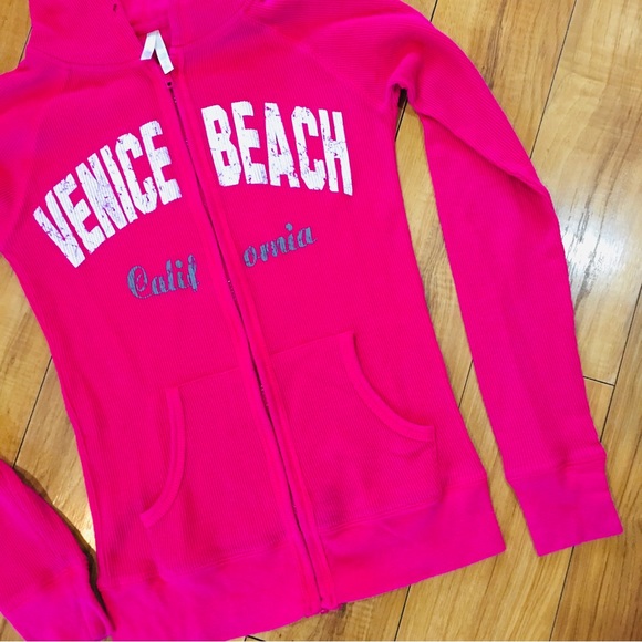 Color Story Tops - Venice beach California beach Pink waffle knit hoodie venice beach small